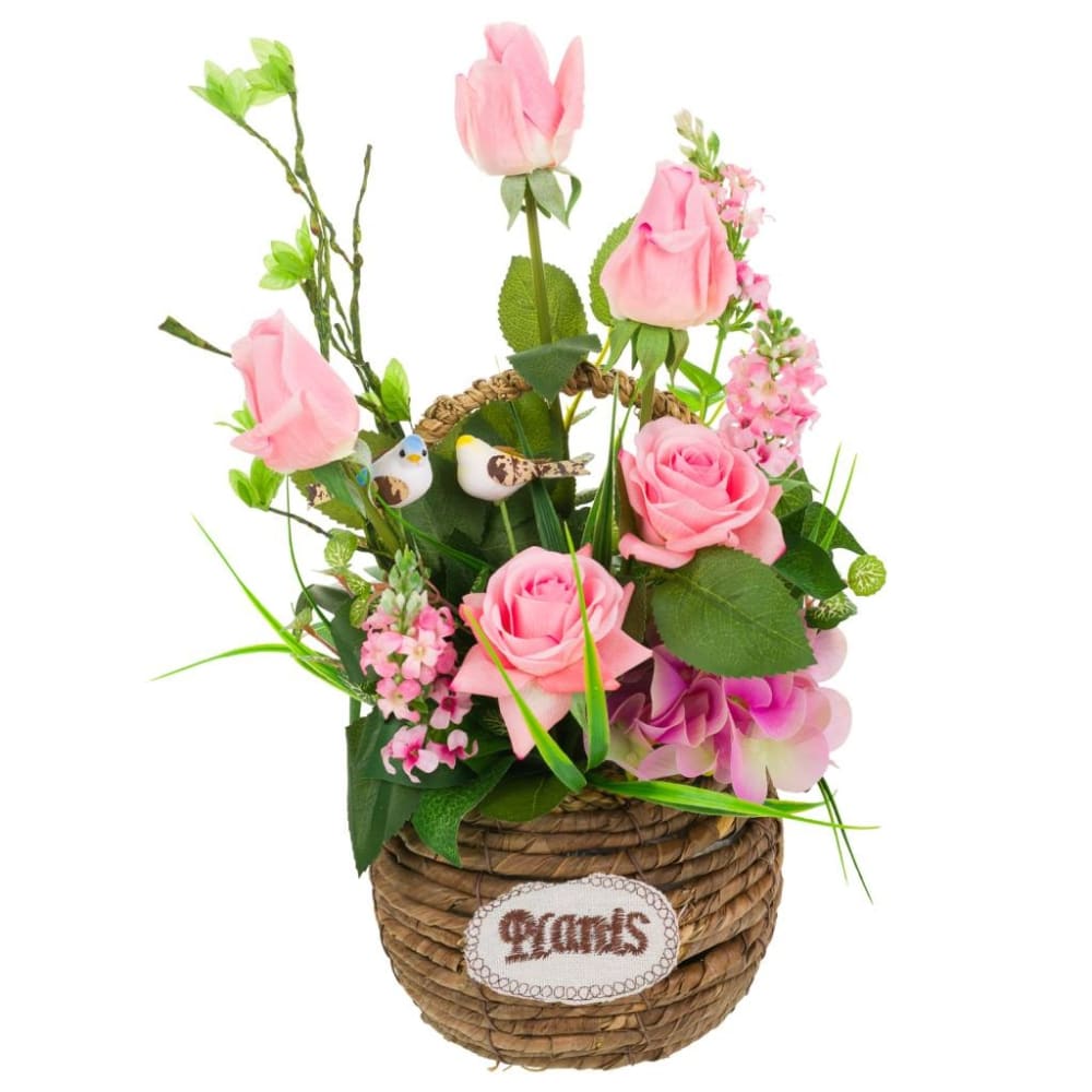 Cesta de cuerda con ramo de flores multicolor 26x26x50h cm