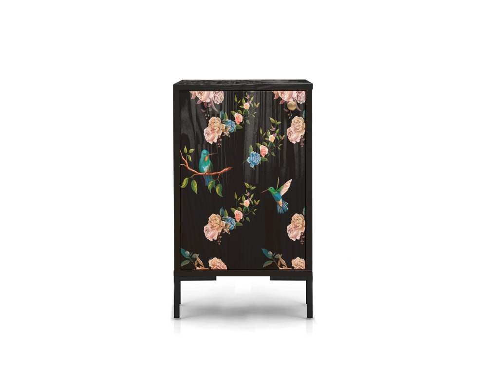 Mesita de noche de MDF estampado floral fondo negro colibri