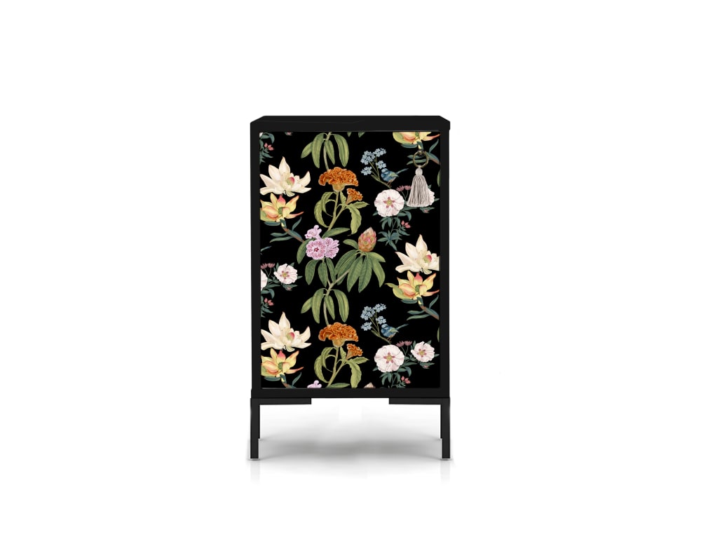 Mesita de noche de MD estampado floral fondo negro jara