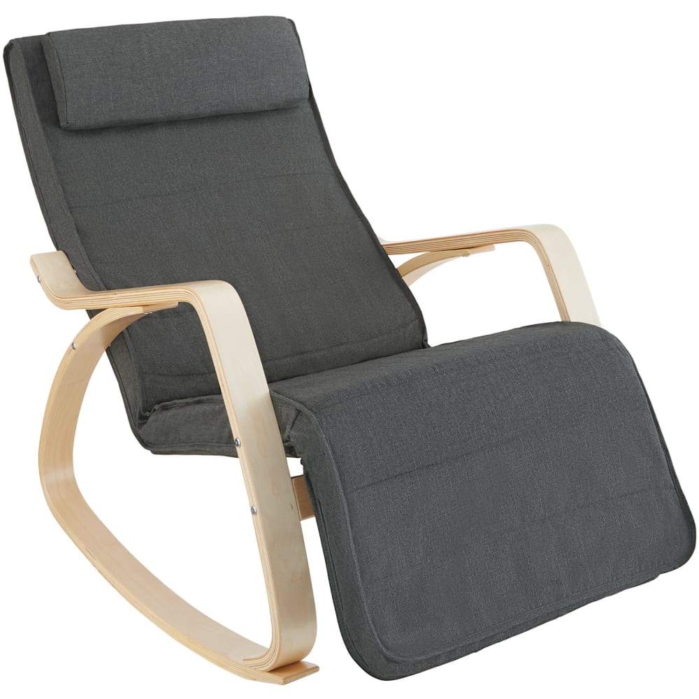 Fauteuil à bascule bois accoudoirs rembourrage coussin gris foncé