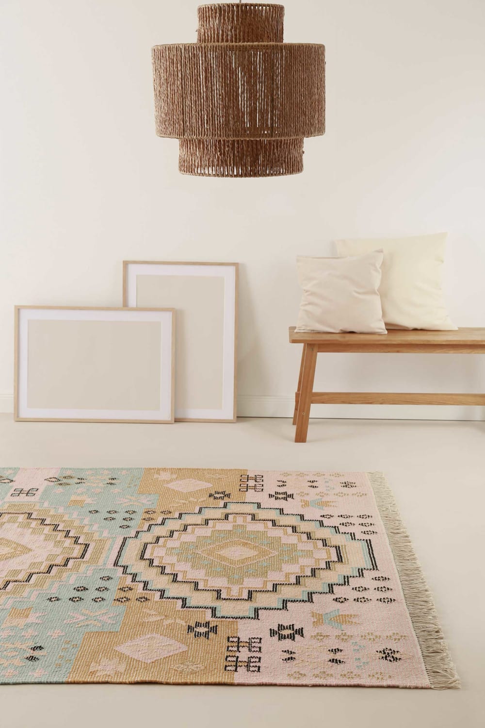 Tapis ethnique tissé main laine et coton multicolore pastel 200x290