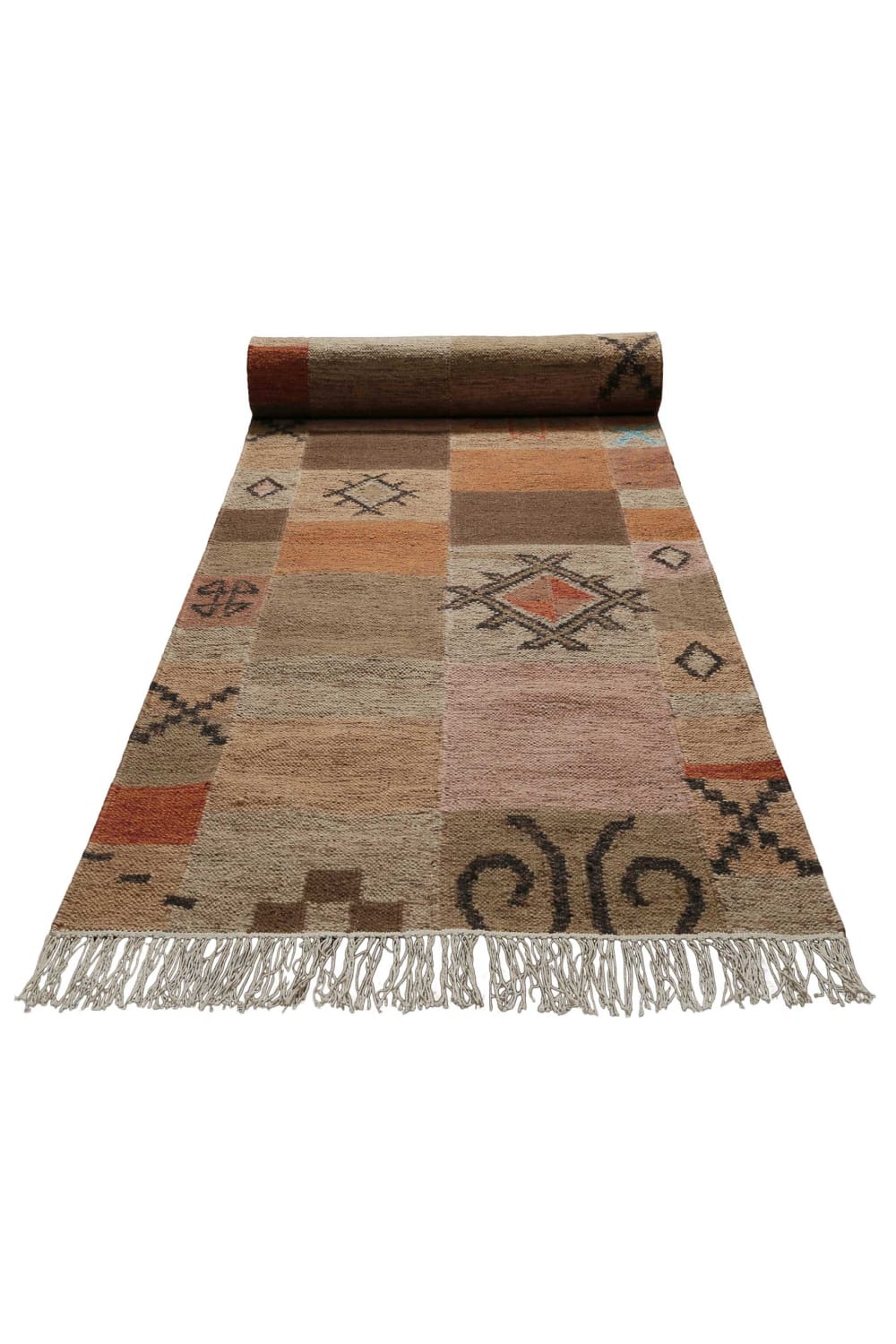 Green Loop Kelim Teppich handgewebt, bunt, nachhaltig, Wohnzimmer, Büro 80x300 style exotic Braun Öko-Tex Zertifikat Wolle