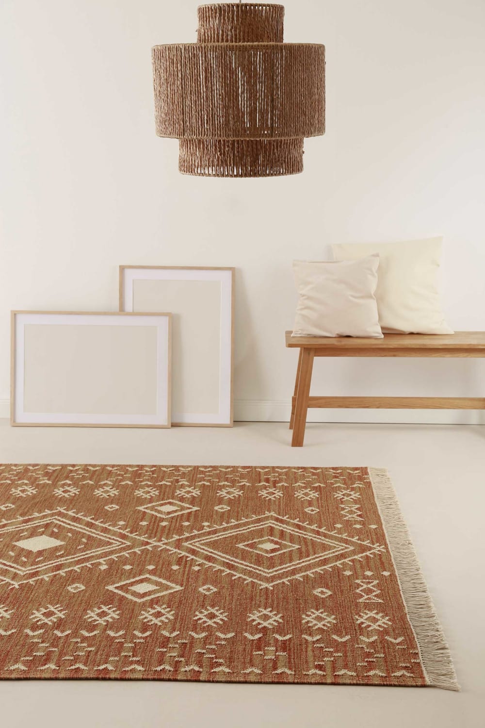 Tapis ethnique tissé main laine et coton brique beige 160x230