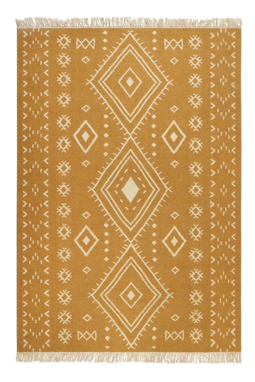 Tapis ethnique tissé main laine et coton camel jaune 130x190