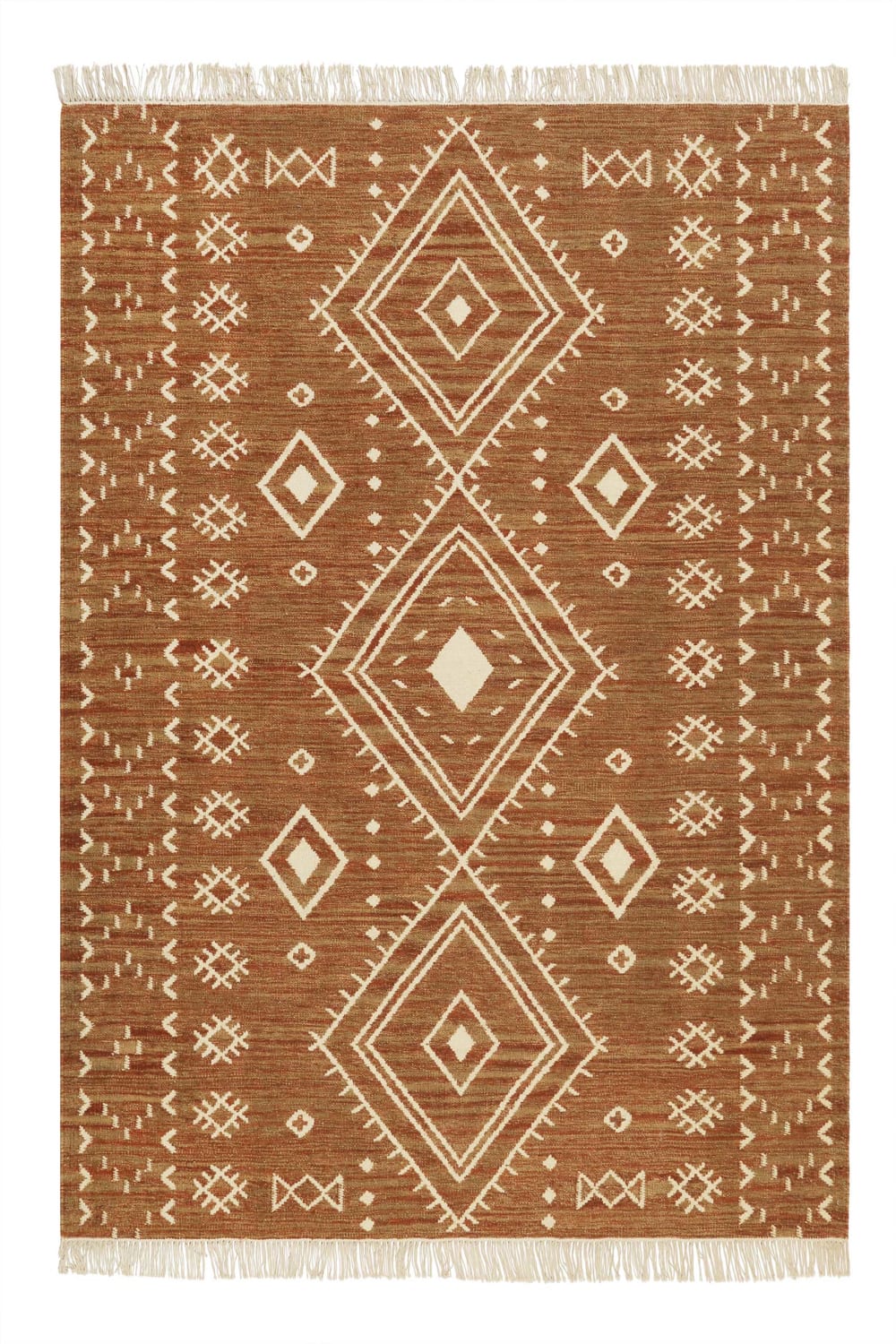 Tapis ethnique tissé main laine et coton brique beige 130x190