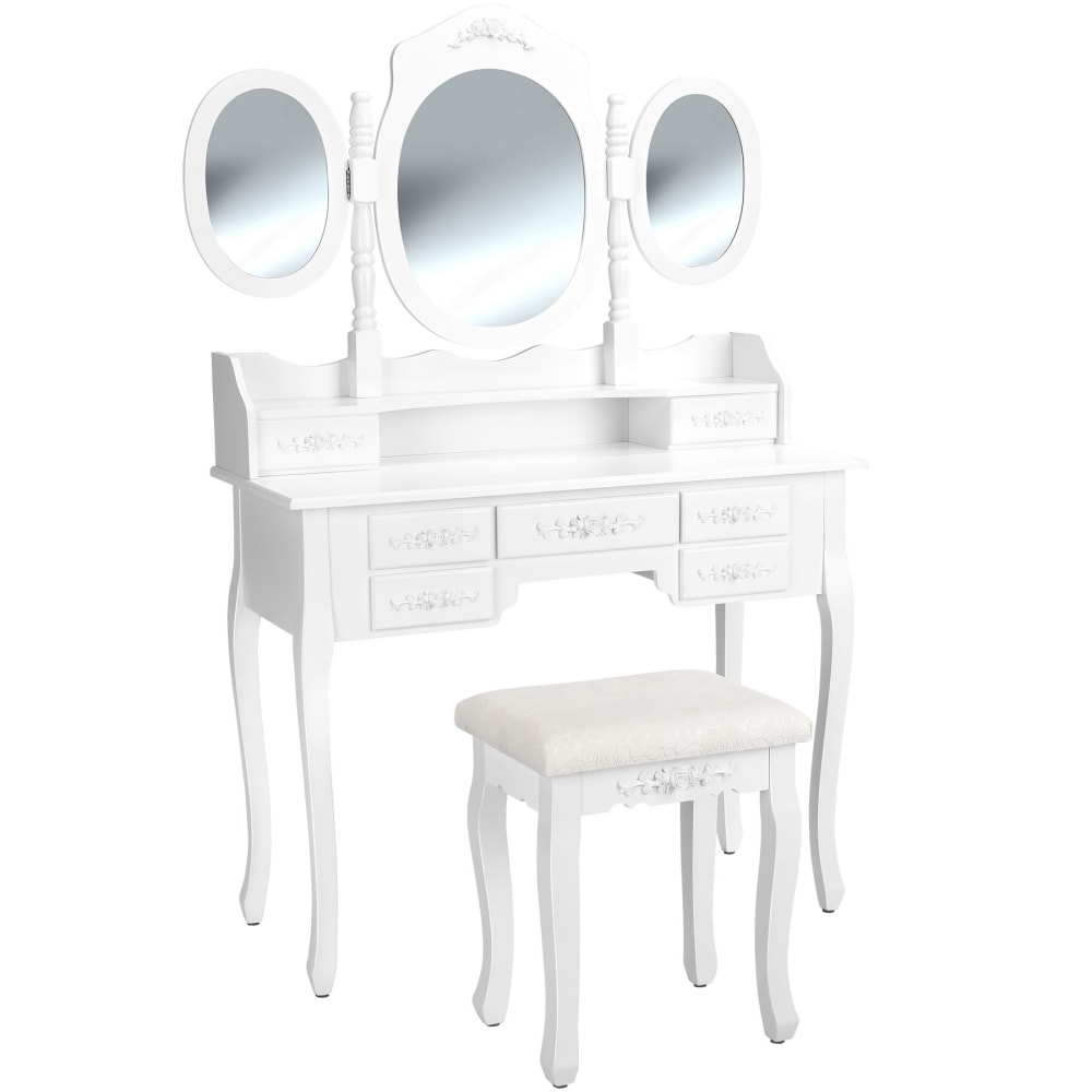 Coiffeuse bois avec 3 miroirs 7 tiroirs avec tabouret rembourré blanc