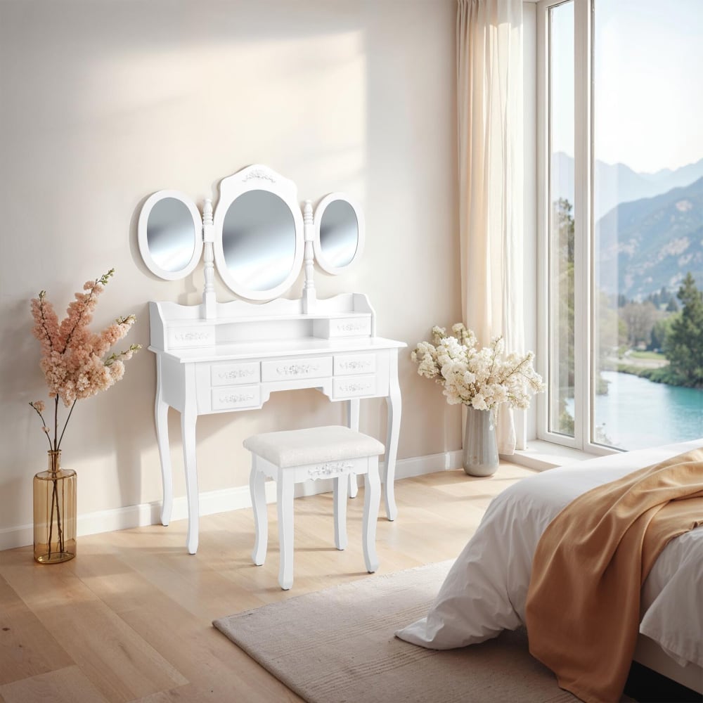 Coiffeuse bois avec 3 miroirs 7 tiroirs avec tabouret rembourré blanc