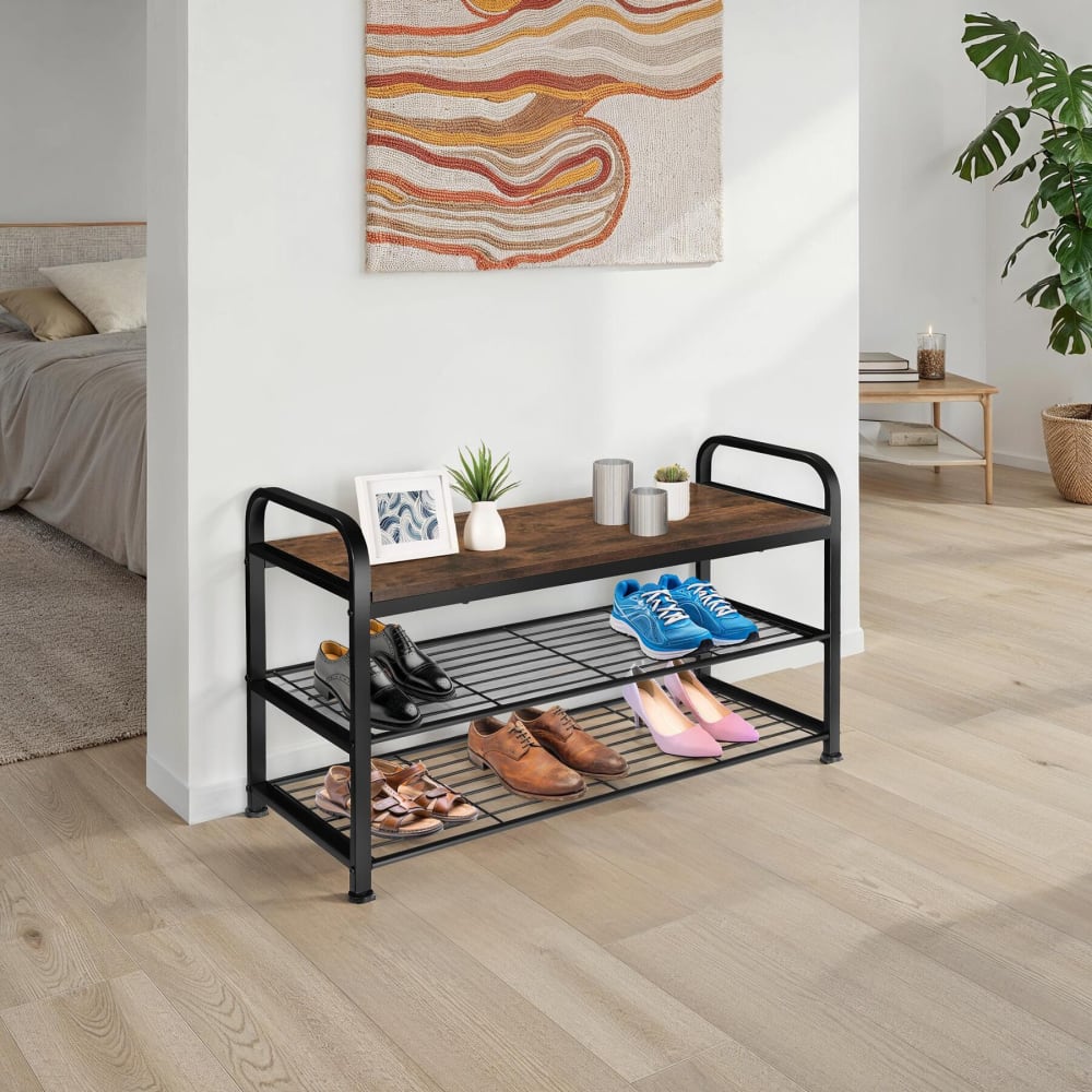 Scarpiera stile industriale 91 x 36 x 55 legno scuro - Marrone - Acciaio