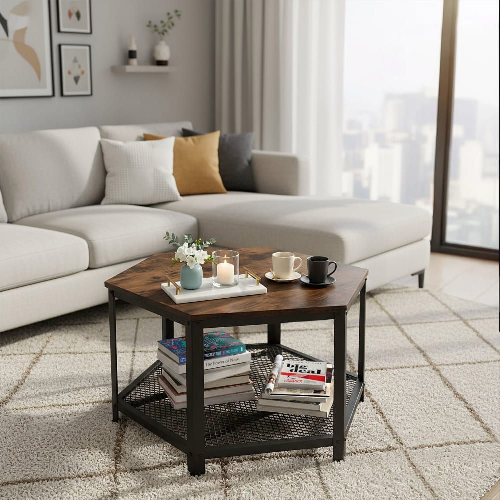 Tavolino da salotto esagonale industriale scuro 86,5 x 75 x 46,5 cm - Marrone - Pannello di particelle