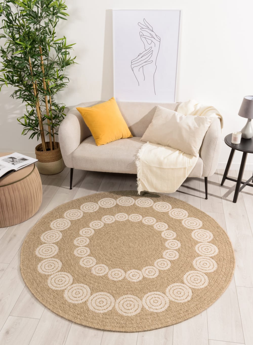 Tapis intérieur et extérieur effet jute géométrique blanc diamètre 120 — vue 3