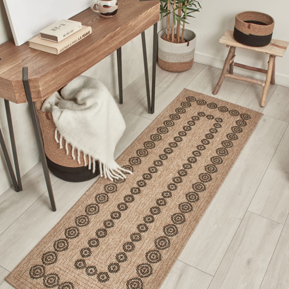 Nazar Teppich in Jute-Optik mit schwarzem geometrischem Muster 80x150 style modern Beige Öko-Tex Zertifikat Pvc - Polyvinlychlorid