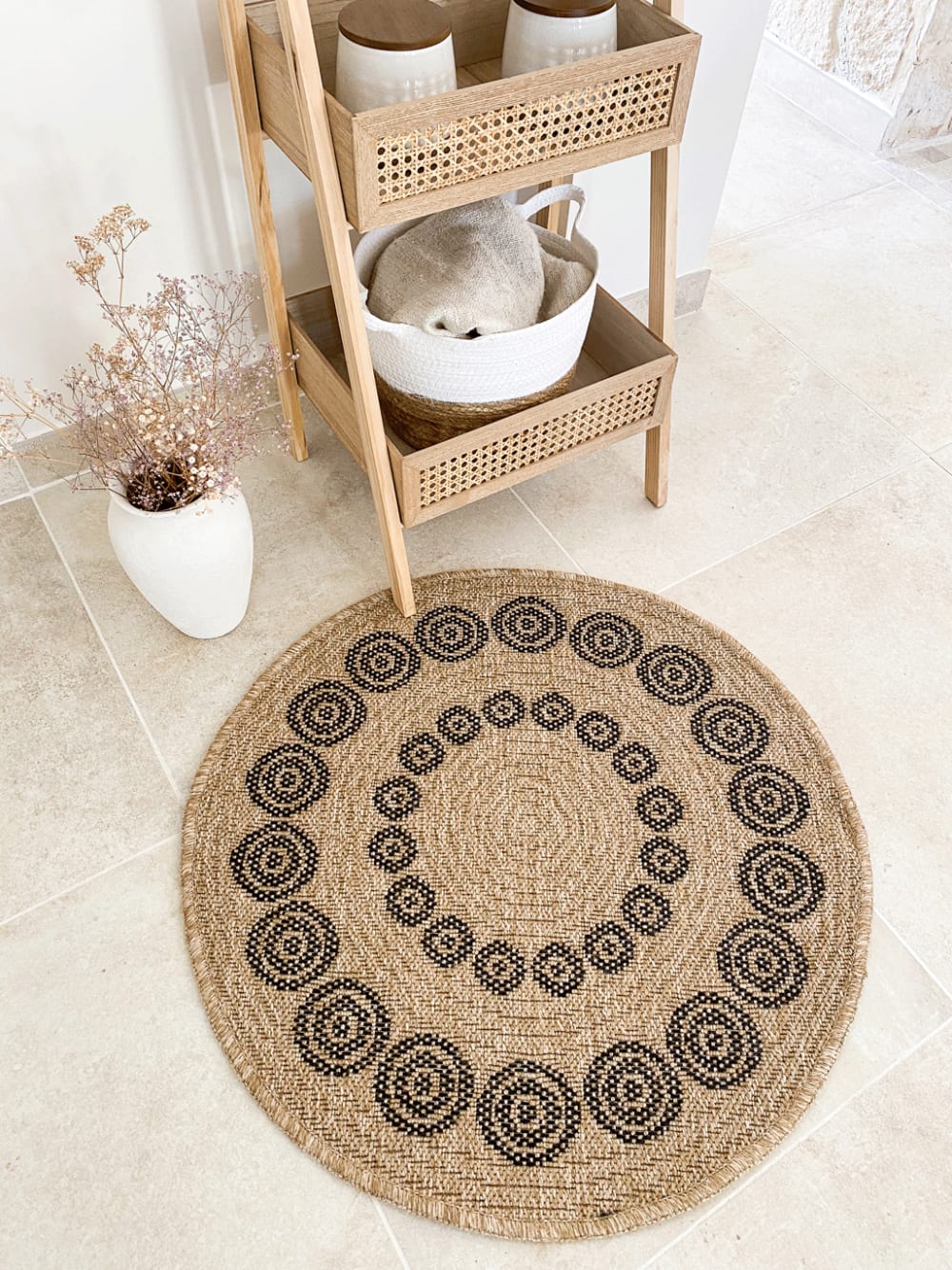 Tapis intérieur et extérieur effet jute géométrique noir diamètre 120 — vue 3