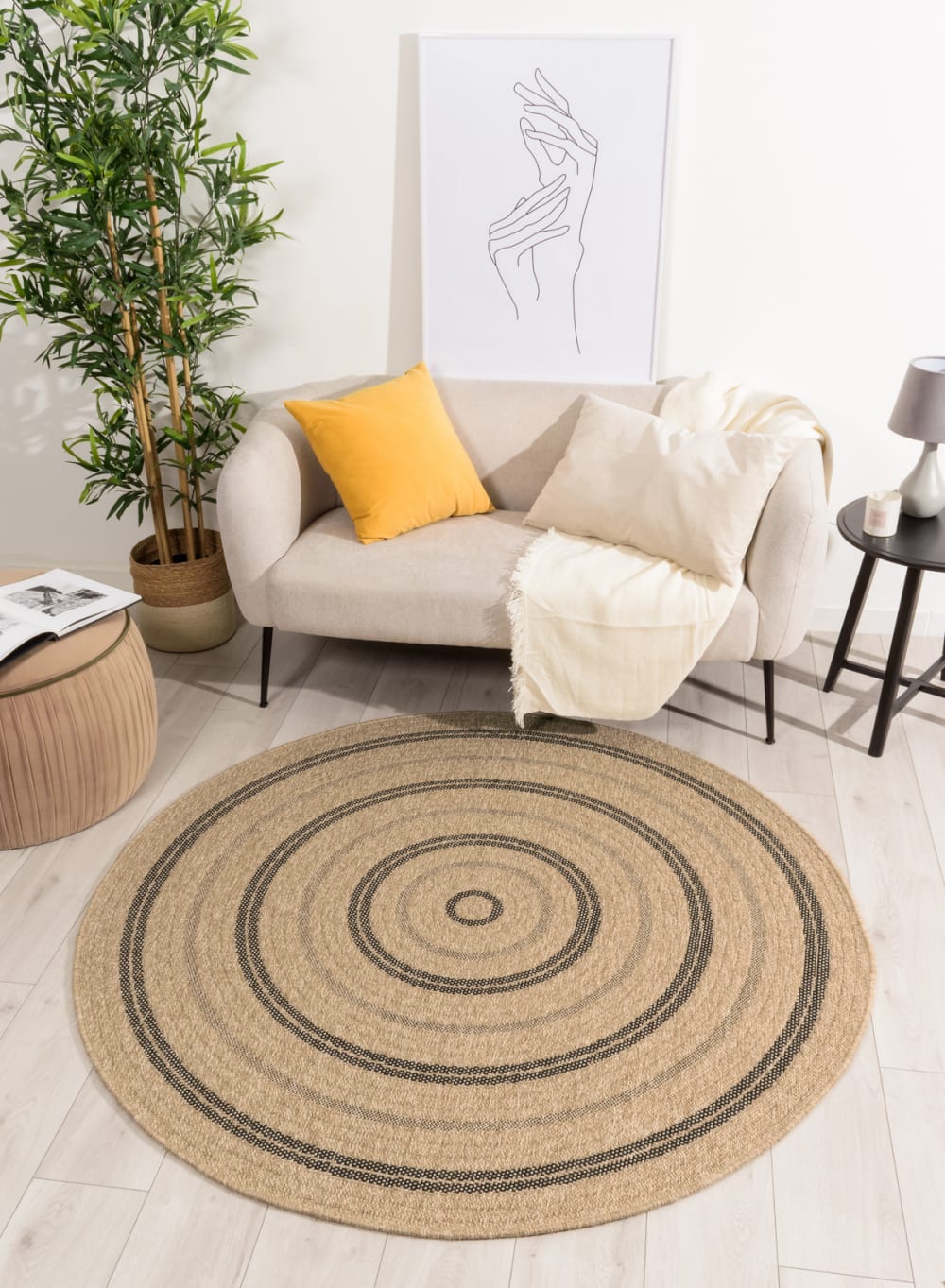 Tapis intérieur et extérieur effet jute motif rond noir diamètre 120 — vue 3
