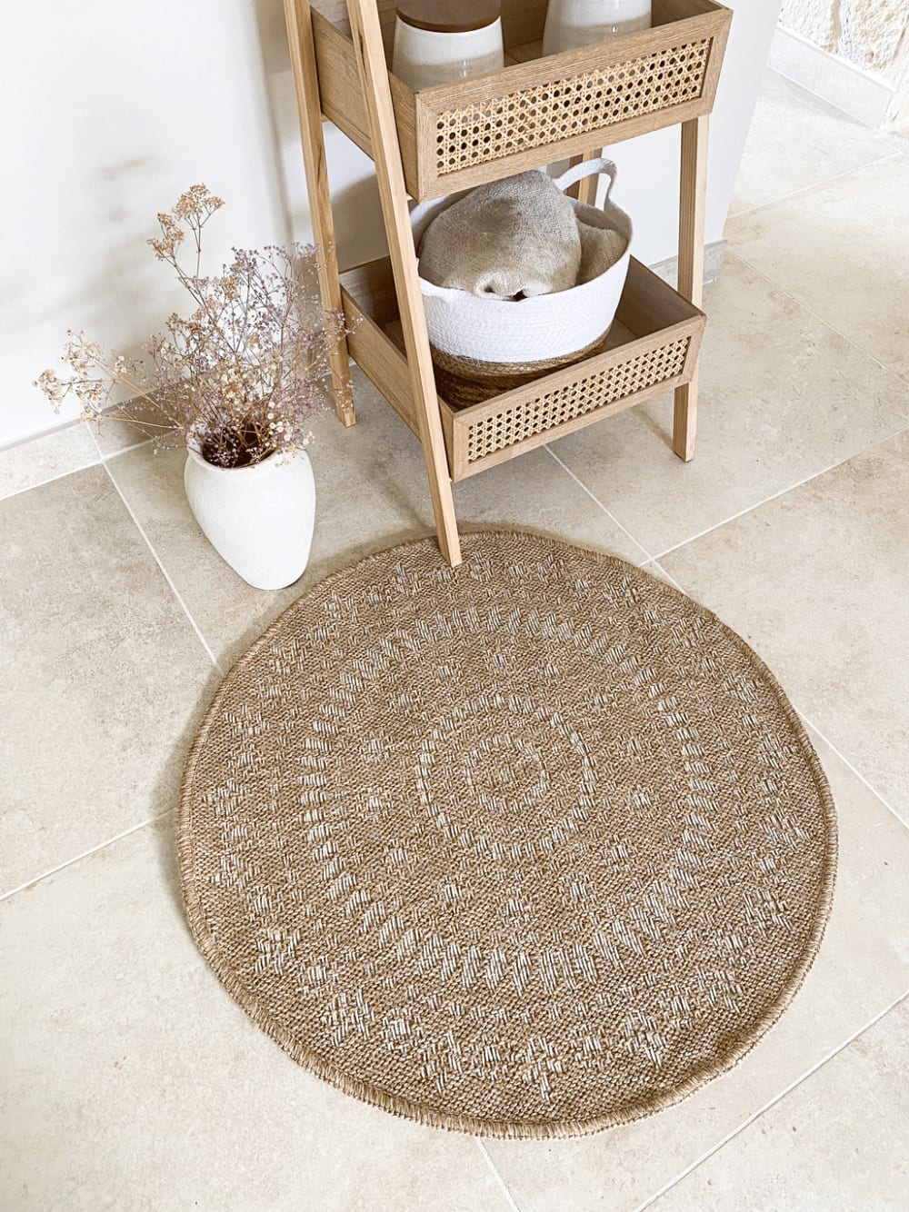 Tapis intérieur et extérieur effet jute oriental blanc diamètre 120 — vue 3