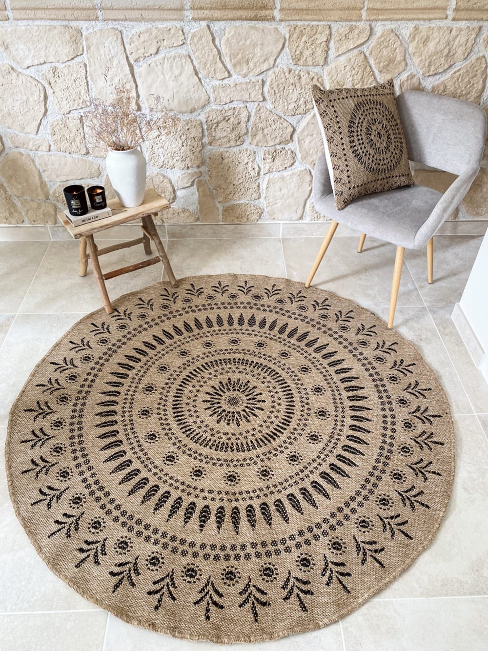 Tapis intérieur et extérieur effet jute oriental noir diamètre 80 — vue 3