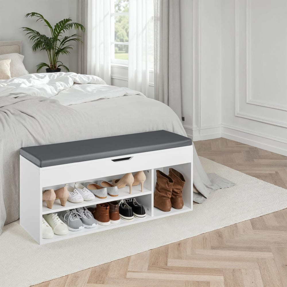 Banc à chaussures panneau de fibres 9 paires assise rembourrée blanc