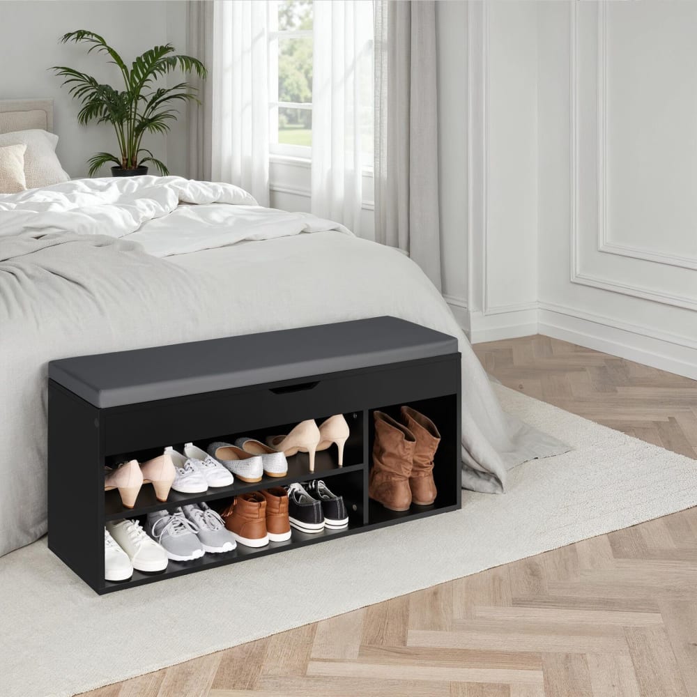 Banc à chaussures panneau de fibres 9 paires assise rembourrée noir