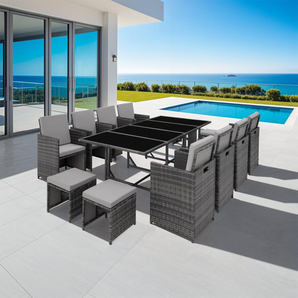 Salon de jardin 12 places en polyéthylène et acier gris et gris clair