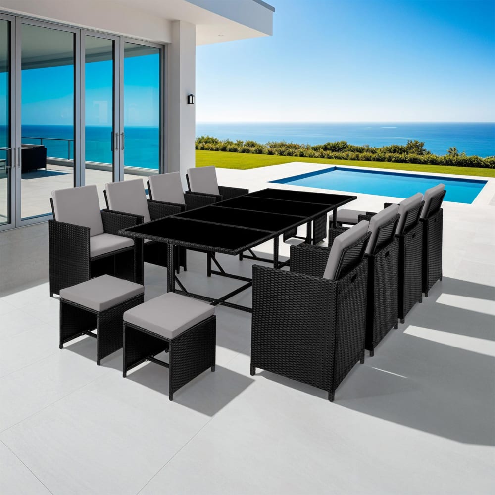 Salon de jardin 12 places pliable en polyéthylèné et acier noir gris