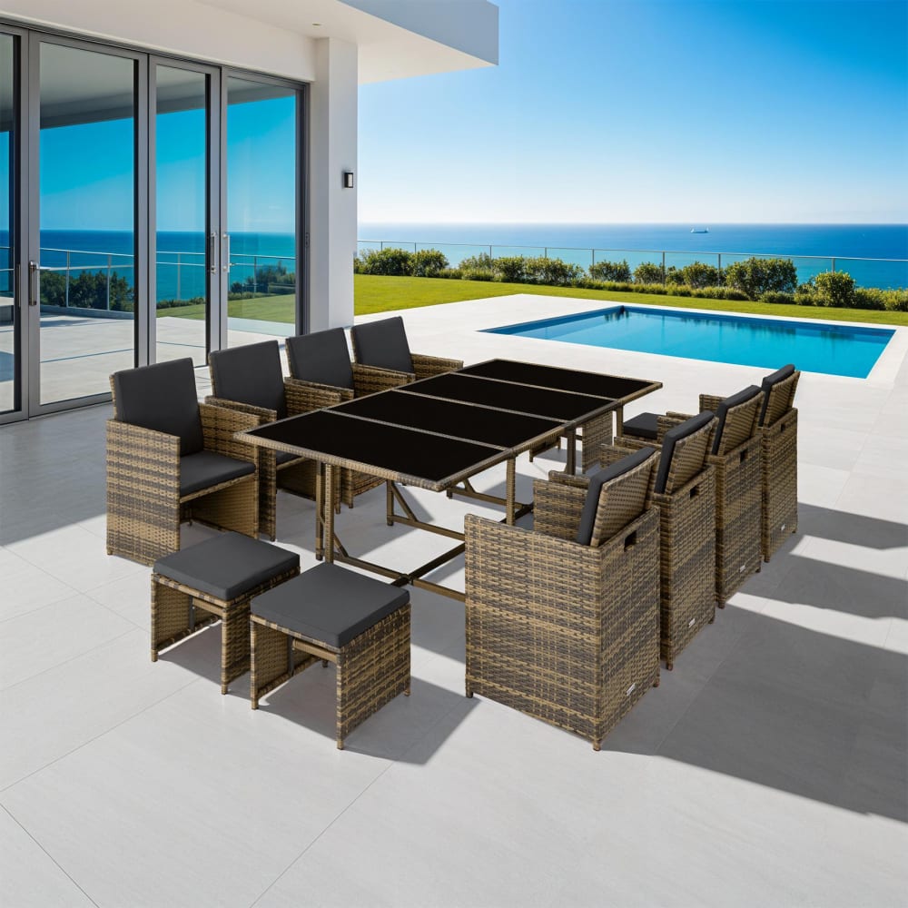 Salon de jardin 12 places en polyéthylène et acier naturel gris foncé