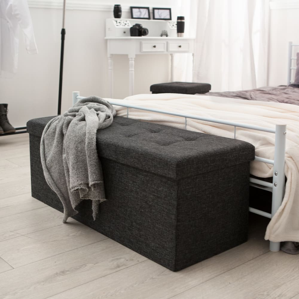 Banc tabouret coffre de rangement pliable polyester gris foncé