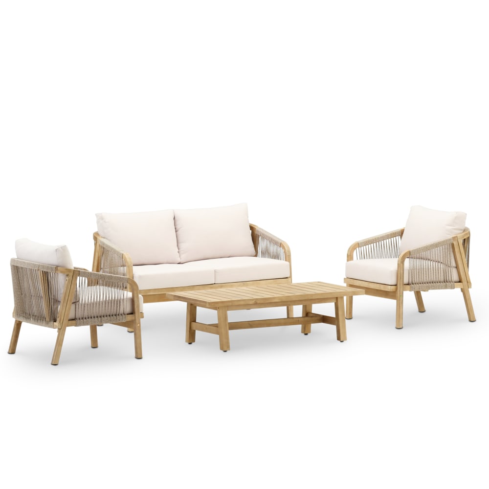 Salon de jardin 4 places en acacia et corde de couleur claire