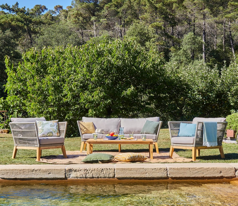 Salon de jardin 5 places bois et corde taupe - Maisons du Monde