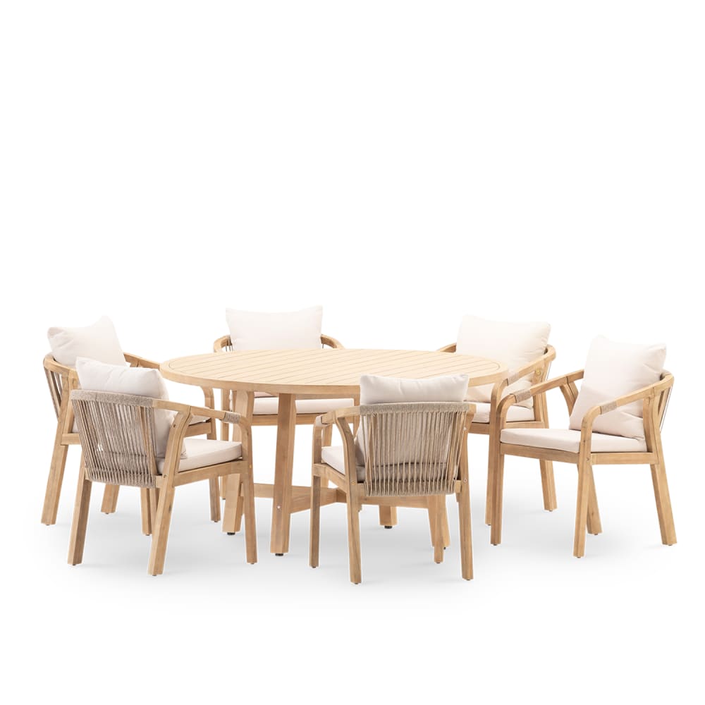Ensemble de table ronde D1,5m et 6 chaises en bois et en corde tressée