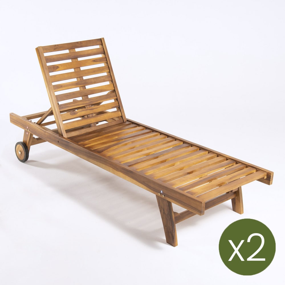 Pack de 2 tumbonas para jardín con ruedas reclinable 65x200x35 cm