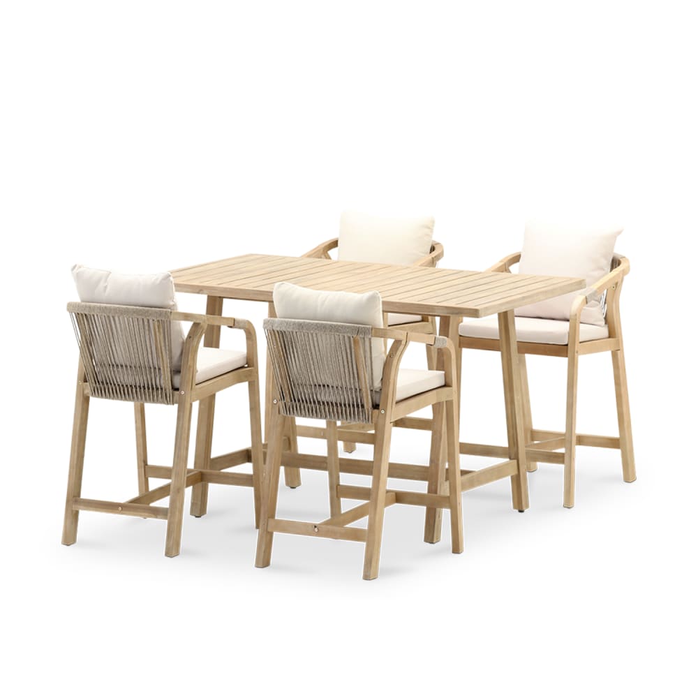 Ensemble de table bar et 4 tabourets en acacia avec corde tressée