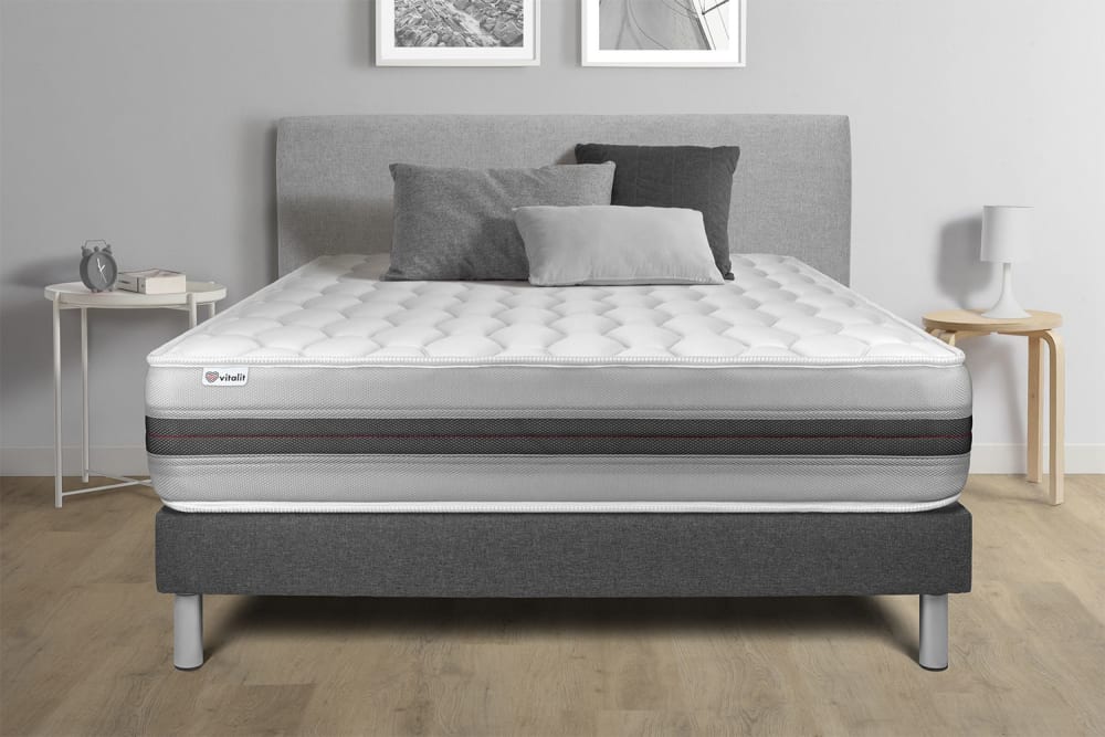 Somier gris + colchón con muelles y viscoelástica 135 x 190 - Maisons du Monde