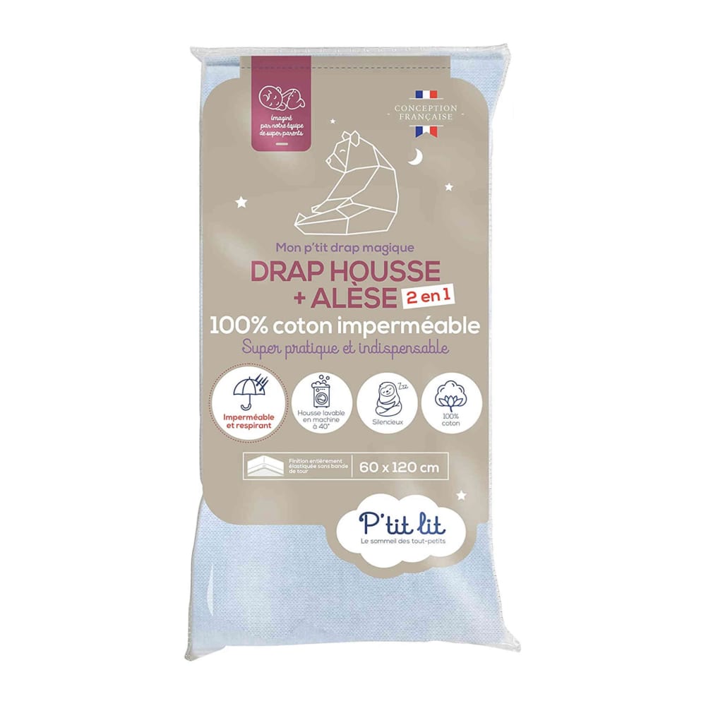 Drap housse alèse 2 en 1 imperméable coton gris 60x120 cm (P'Tit Lit) - Image 1