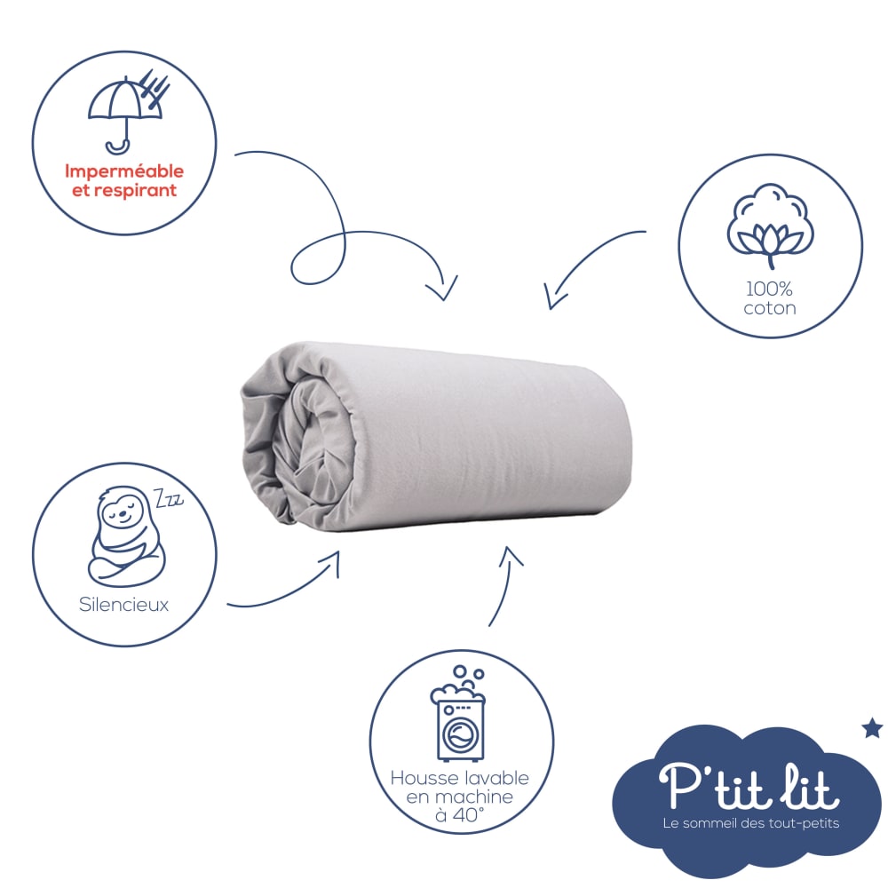 Drap housse alèse 2 en 1 imperméable coton gris 60x120 cm (P'Tit Lit) - Image 2