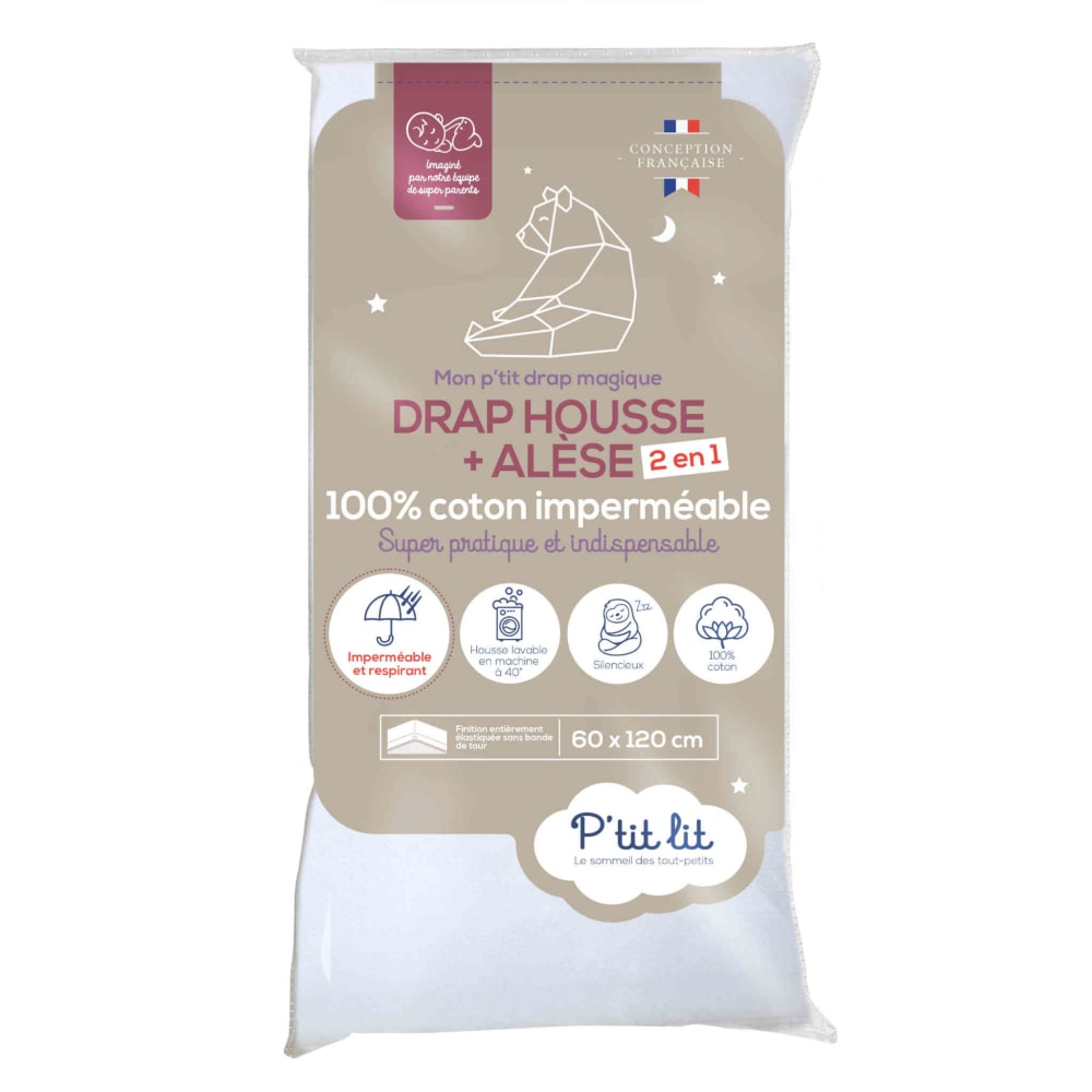 Drap housse alèse 2 en 1 imperméable coton blanc bébé 70x140 cm (P'Tit Lit) - Couverture