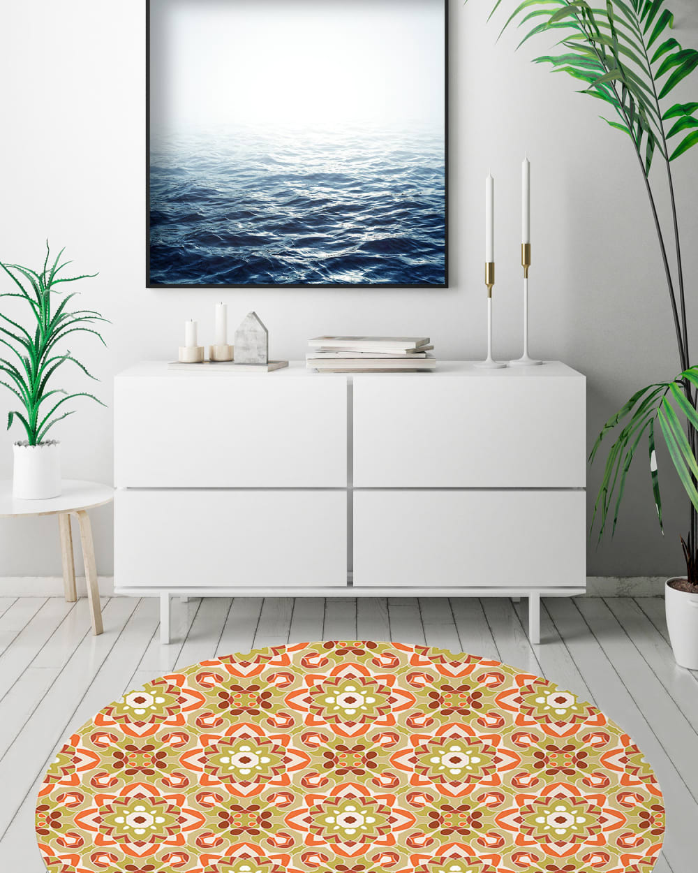 Alfombra vinílica redonda azulejo oriental floreada naranja 150x150 cm - Maisons du Monde
