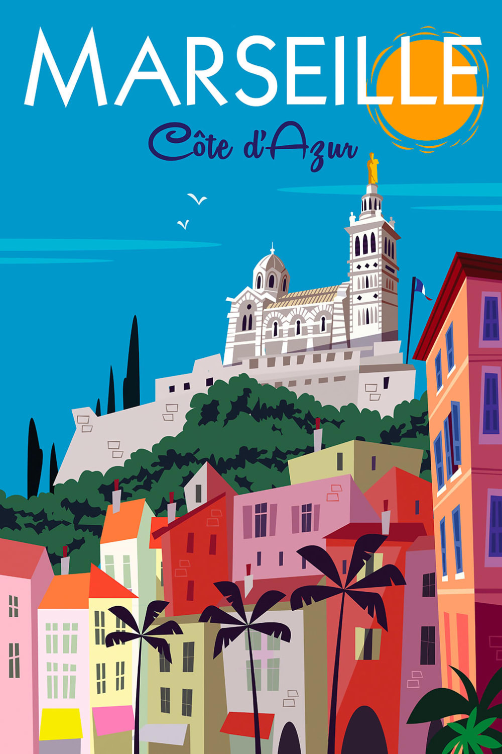 Tableau dessin vintage Marseille imprimé sur toile 60x90 cm