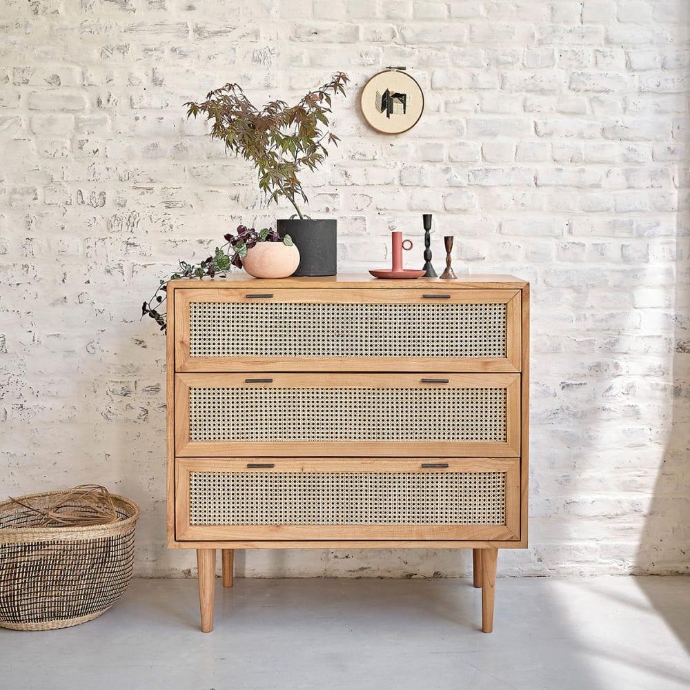 BERAH GETAH Kommode aus massivem Mindy und Rohrgeflecht 100 cm style modern Beige Holz