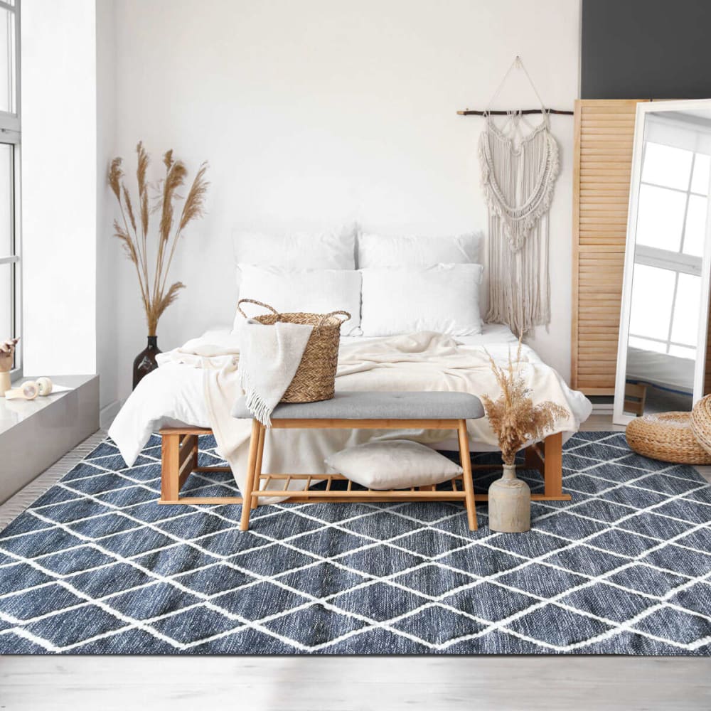 Tapis coton motifs croisillons en laine épaisse gris foncé 160x230 — vue 3