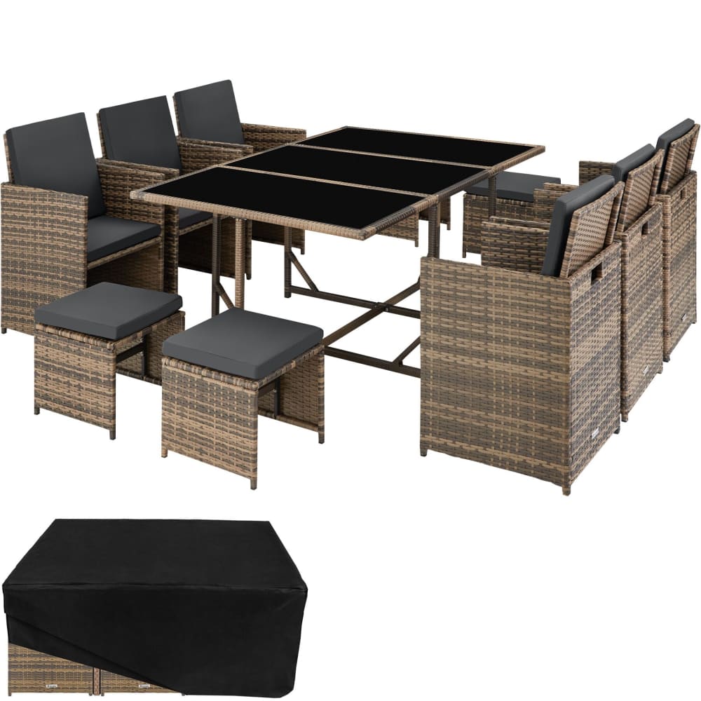 Salon de jardin 6-10 personnes anti UV avec housse marron naturel