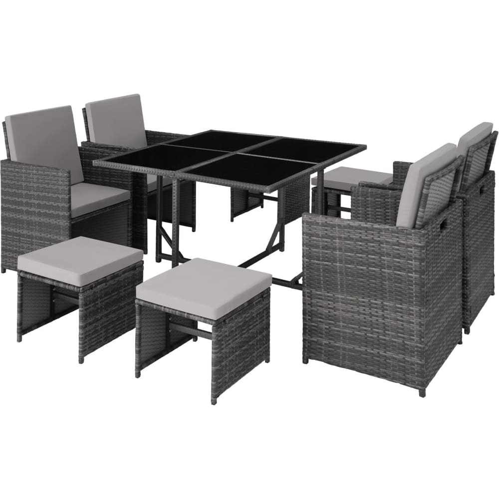 Set jardín ratán, sillas, 4 taburetes, mesa, gris 110x110x73cm -