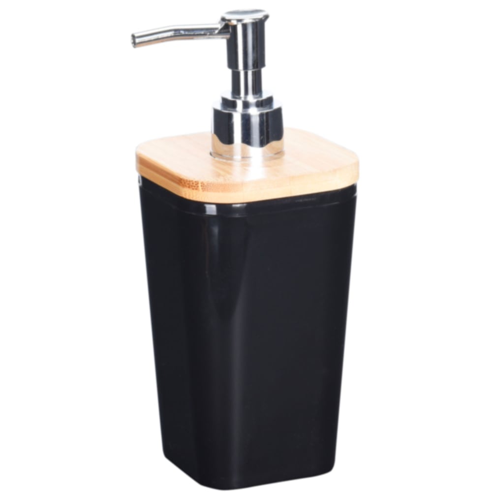 WADIGA Distributeur de savon de salle de bain en plastique noir et bambou. Dimensions: 7.5x7.5x17.5cm Couleur: Noir et bois Matière: Plastique et