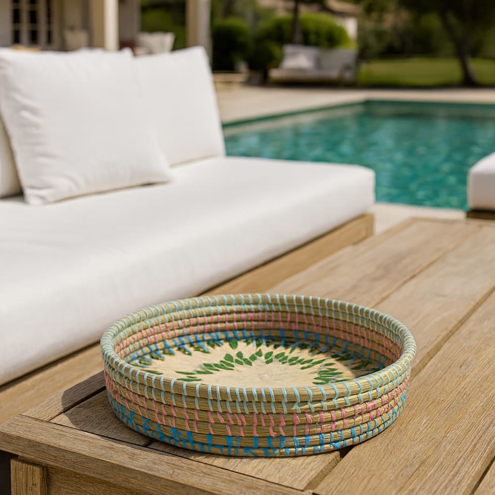 Plateau rond en jonc de mer et coquillages 33cm - Maisons du Monde