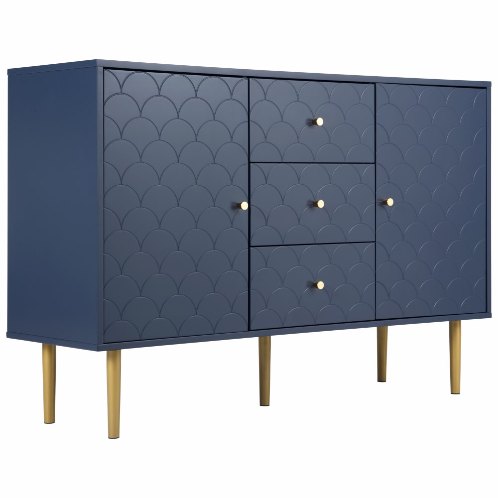 Elegante tocador azul marino con diseño de escamas y patas doradas