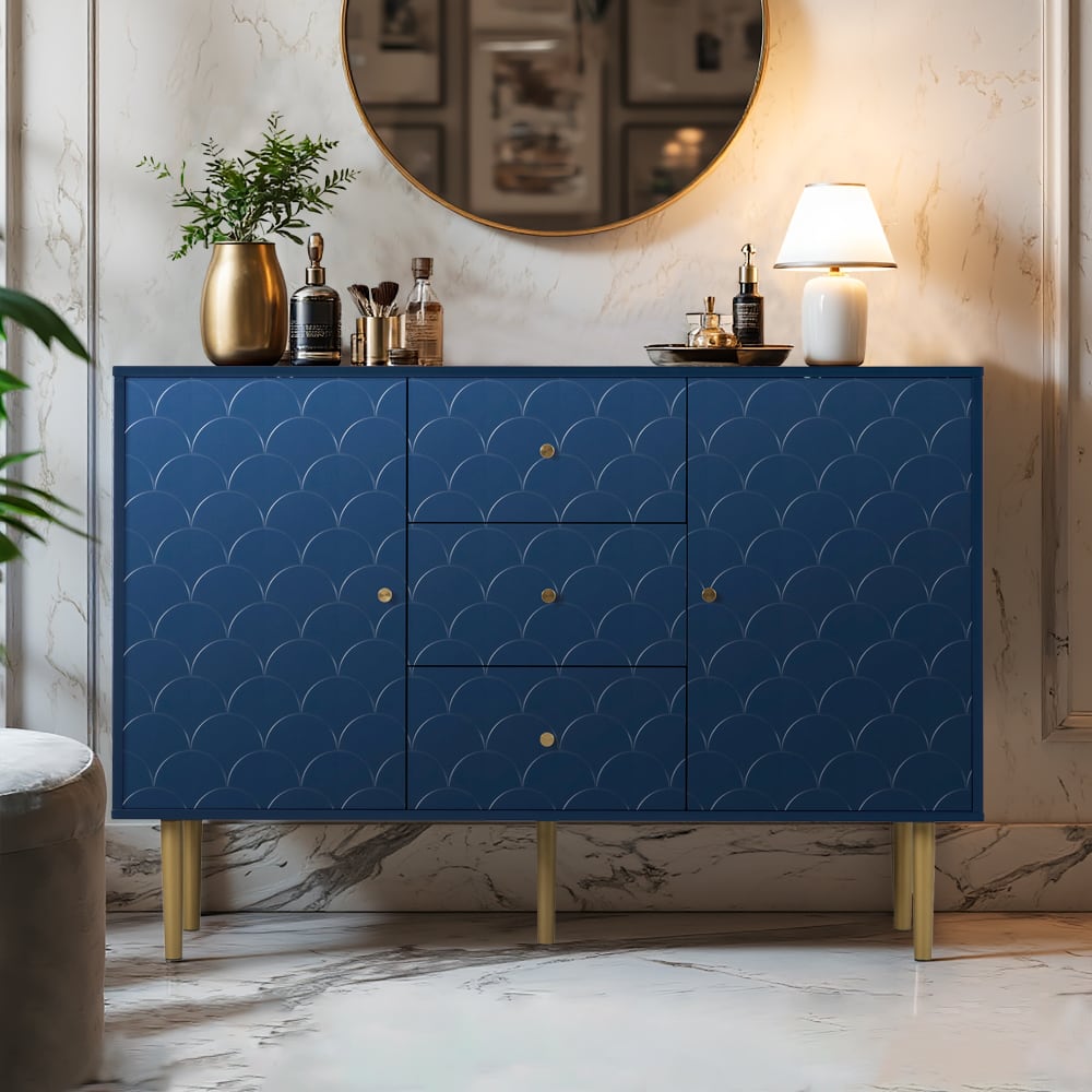Elegante tocador azul marino con diseño de escamas y patas doradas - Maisons du Monde