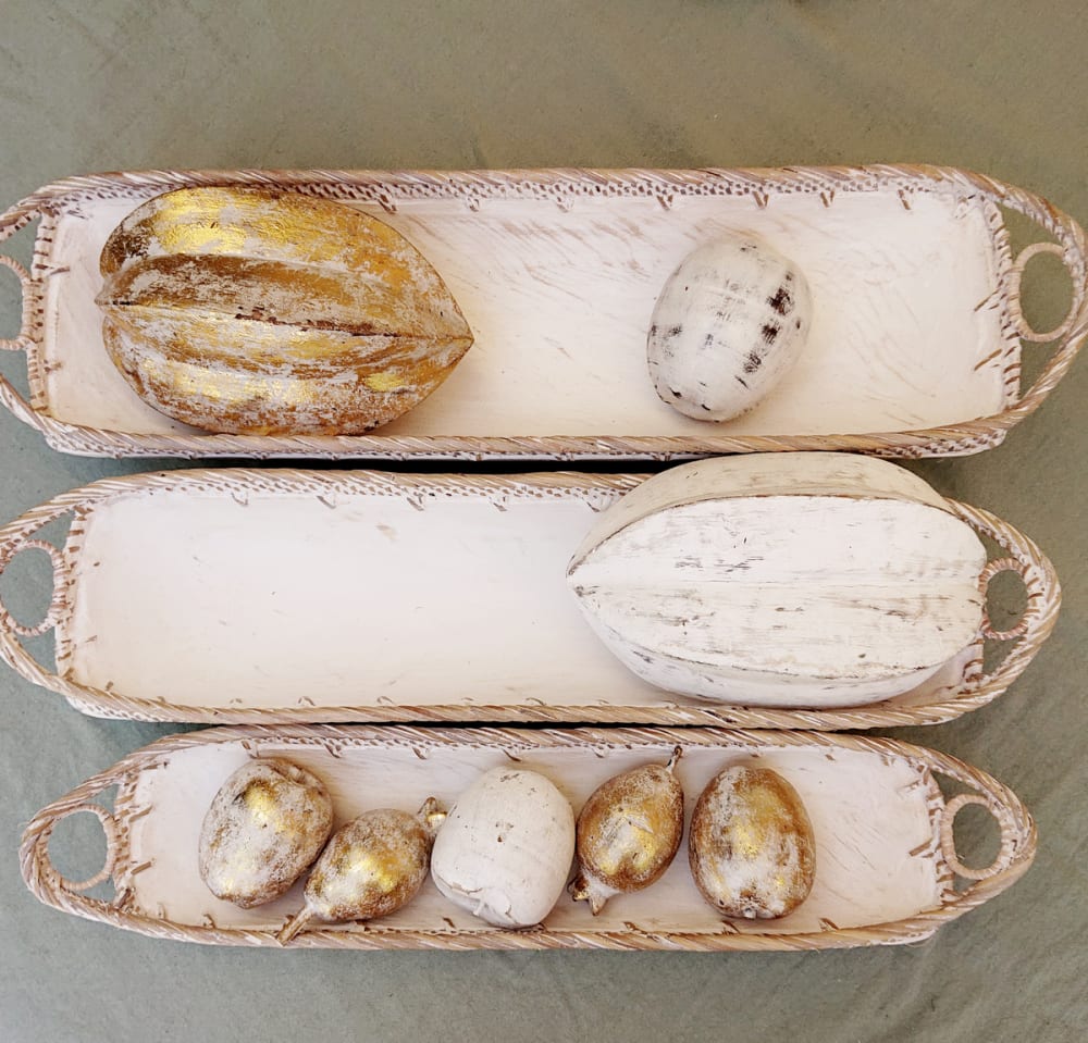 Ciotola rettangolare in legno e rattan, bianco 55 x 15 x 11 cm -