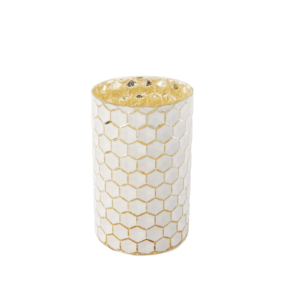 Sia Deco Dekoratives Windlicht aus Glas H20, Weiß und Gold style modern Weiß Glas