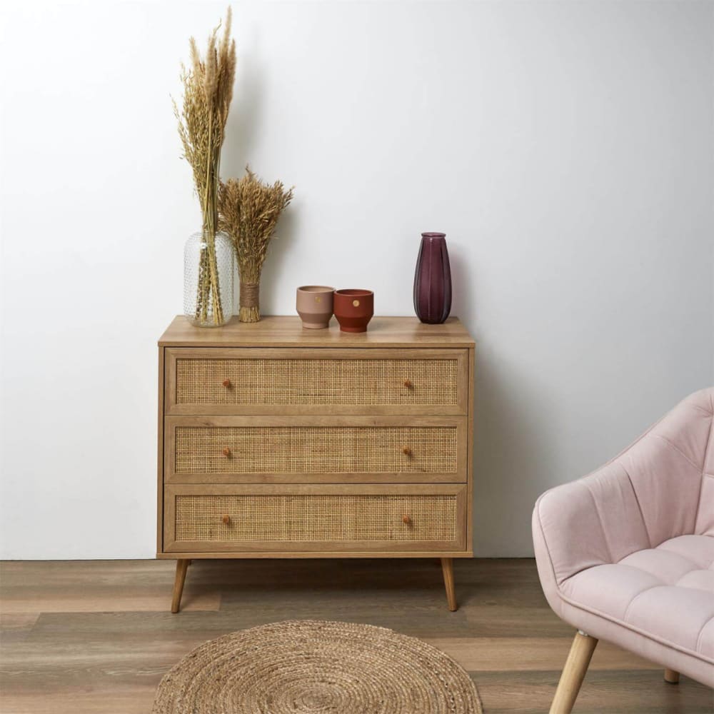 Commode 3 tiroirs effet bois et façades rotin