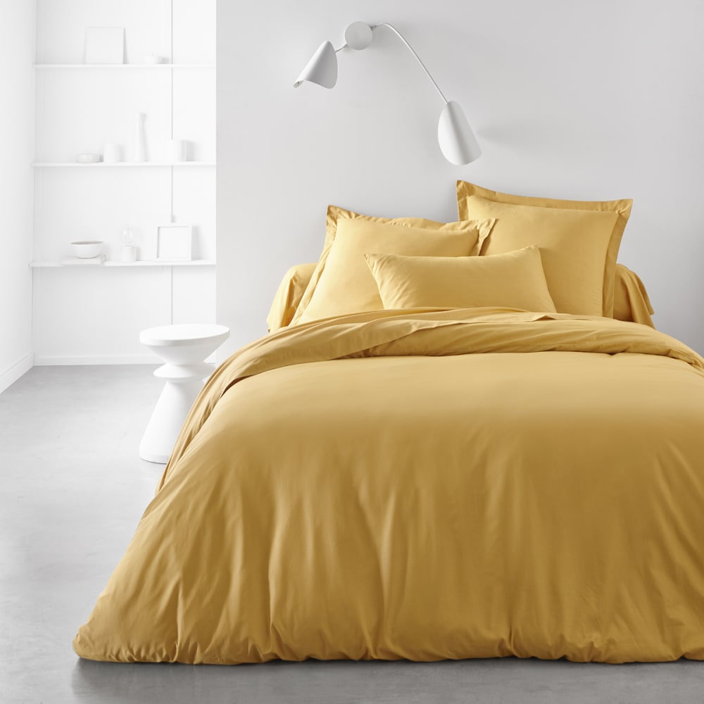 Drap housse 2 personnes uni coton 180x200 cm jaune - Maisons du Monde