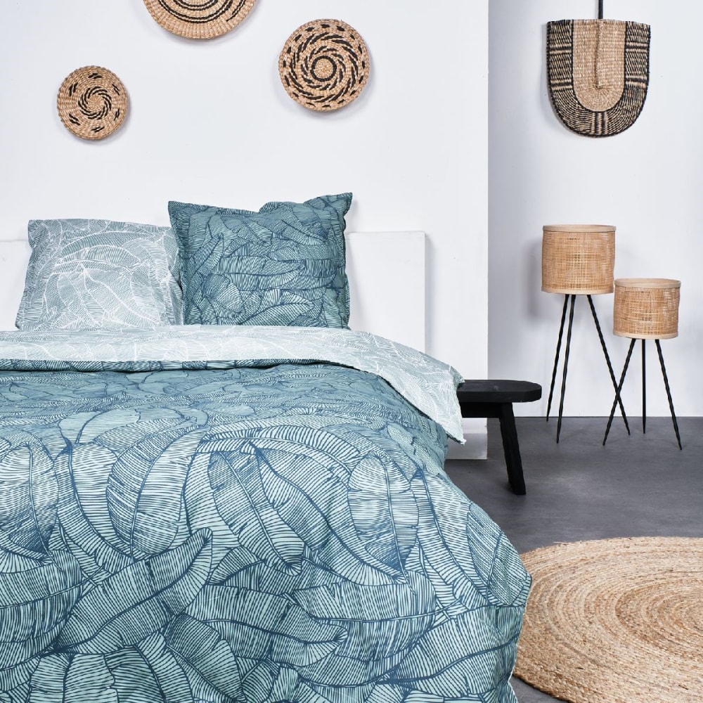 Parure de lit 2 personnes imprimé floral coton  220x240 cm Bleu