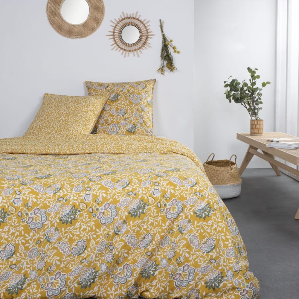 Parure de lit coton 2 personnes imprimé floral  240x260 cm Jaune